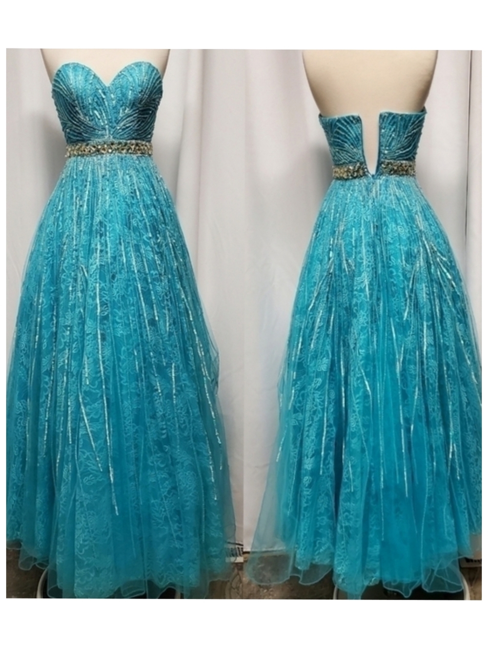 Sherri Hill Cinderella Blue Sequin Coated Strapless Floral Lace Ball Gown Prom 0